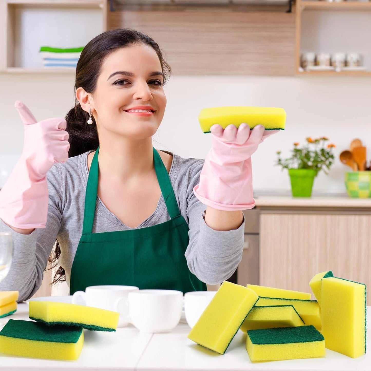 Tanlade 1000 Pcs Individually Wrapped Sponge Dishwashing Sponge Bulk Non Scratch Scrub Sponges Kitchen Scouring Pad for Household Cleaning Rental Dishes Hotel Apartment Car (Yellow,Green)