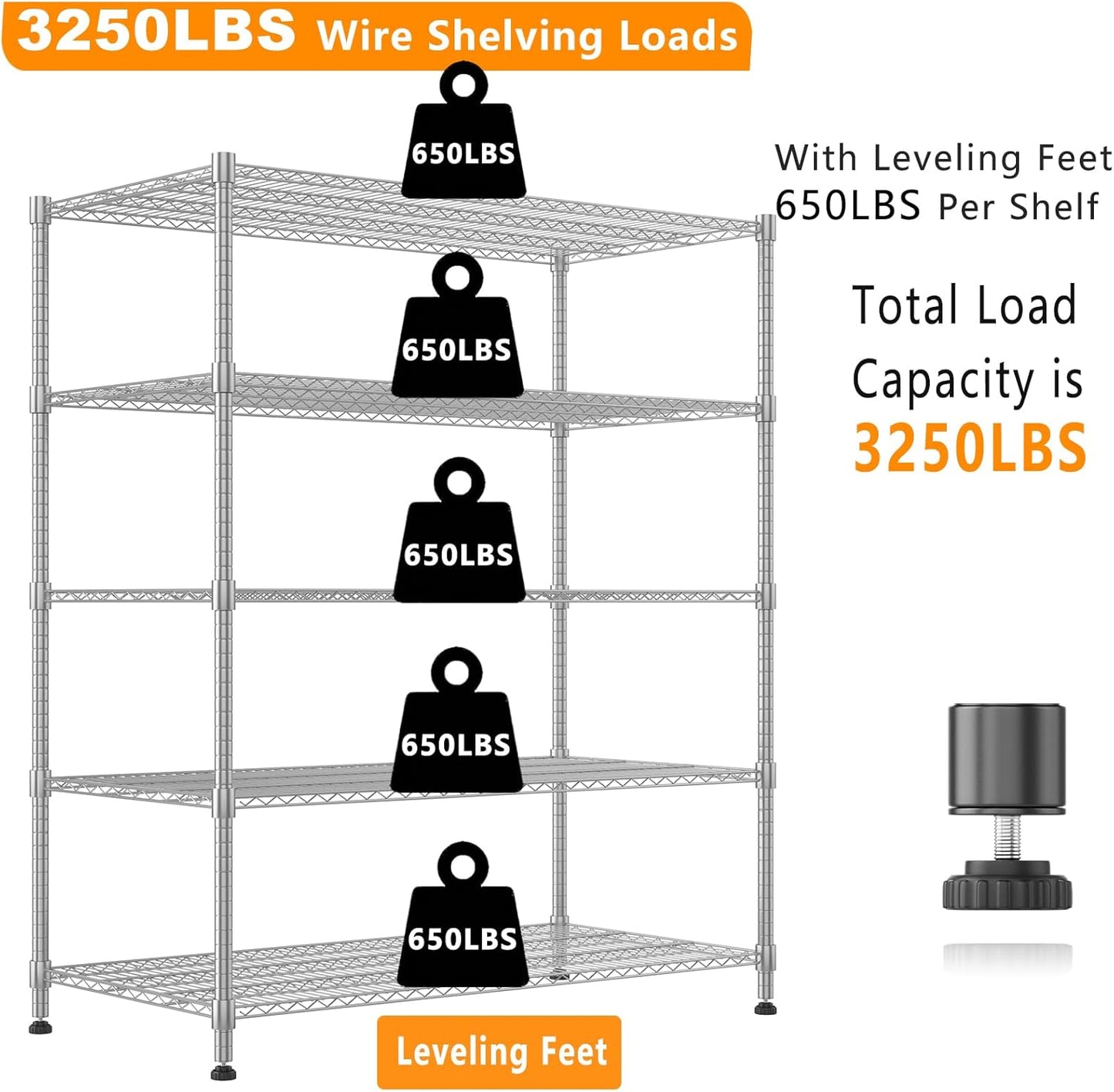 Himimi 60" W Storage Shelves, 5-Tier Wire Shelving with Wheels 3250LBS Heavy Duty Metal Shelves for Storage, Adjustable Wire Rack Shelving for Garage Kitchen Pantry 24" Dx60 Wx82 H, Silver