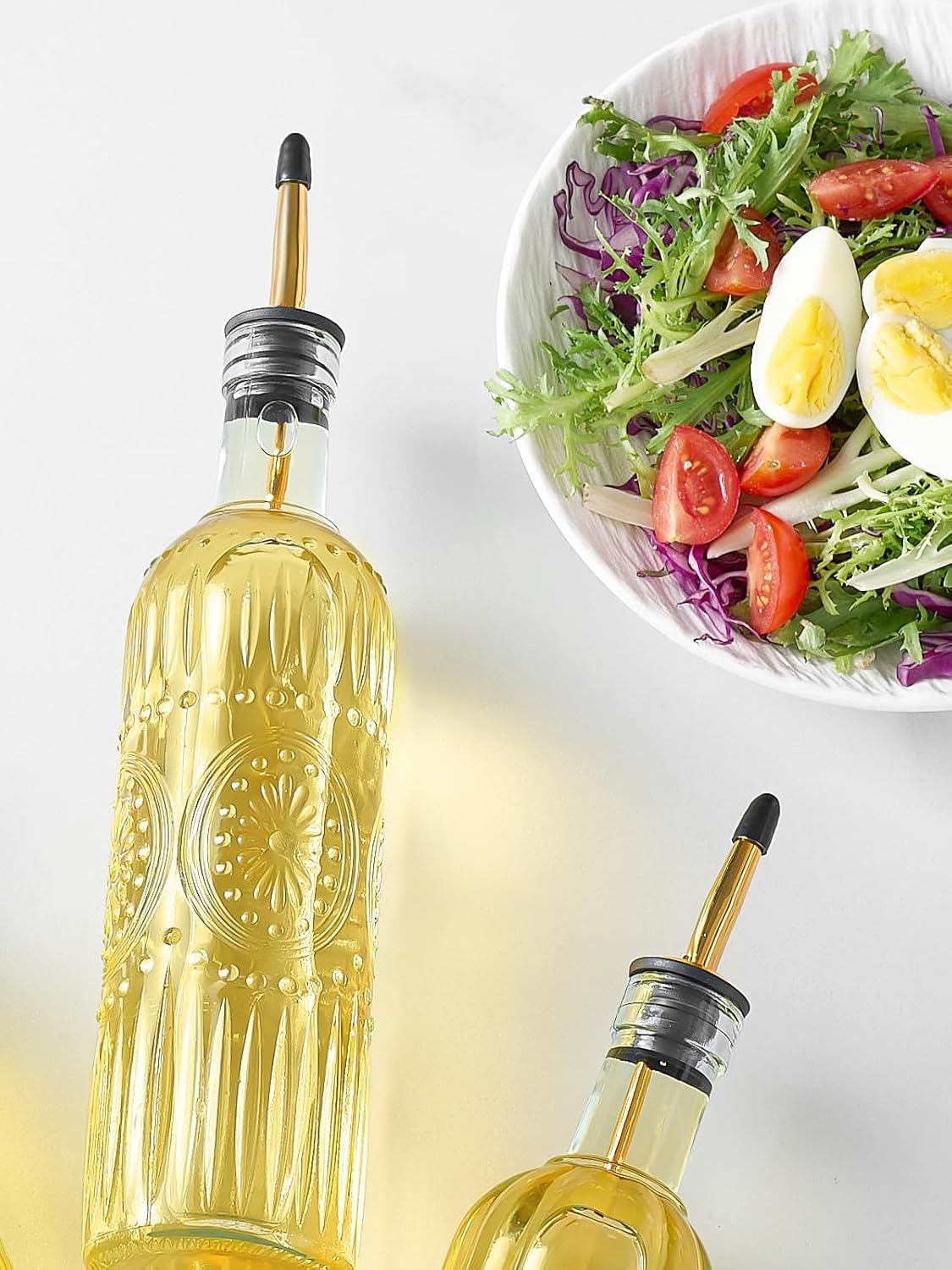 2 Pcs Olive Oil Dispenser Bottle for Kitchen,17oz Clear Glass Cooking Oil and Vinegar Dispenser Set, Coffee Syrup Dispenser with 2 Pourers and 1 Funnel (Two circles)