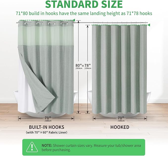 Long No Hooks Needed Linen Textured Shower Curtain with Snap-in Fabric Liner Set,Sage Green Hotel Luxury Decor Shower Curtains for Bathroom,Waterproof & Washable,71Wx80H