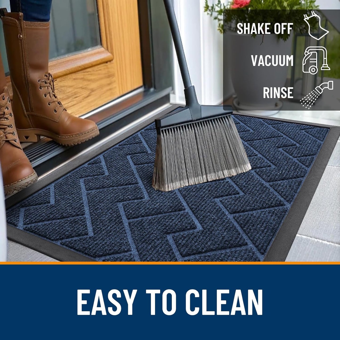OLANLY Front Door Mat Indoor Outdoor Entrance, Waterproof All-Season, All-Weather Doormat, Sturdy Natural Rubber, Low Profile, Easy Clean Patio Porch Entryway Mat, Herringbone Brick (Blue, 47x23)