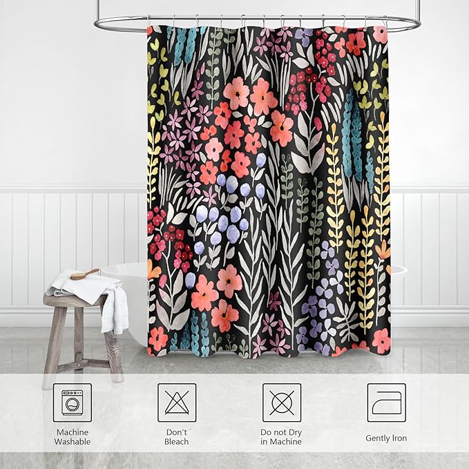Long Shower Curtain 72 x 78 Inch, Tall Cute Floral Shower Curtain for Bathroom, Colorful Wildflower Boho Cottagecore Fabric Shower Curtain Set with Hooks, Black