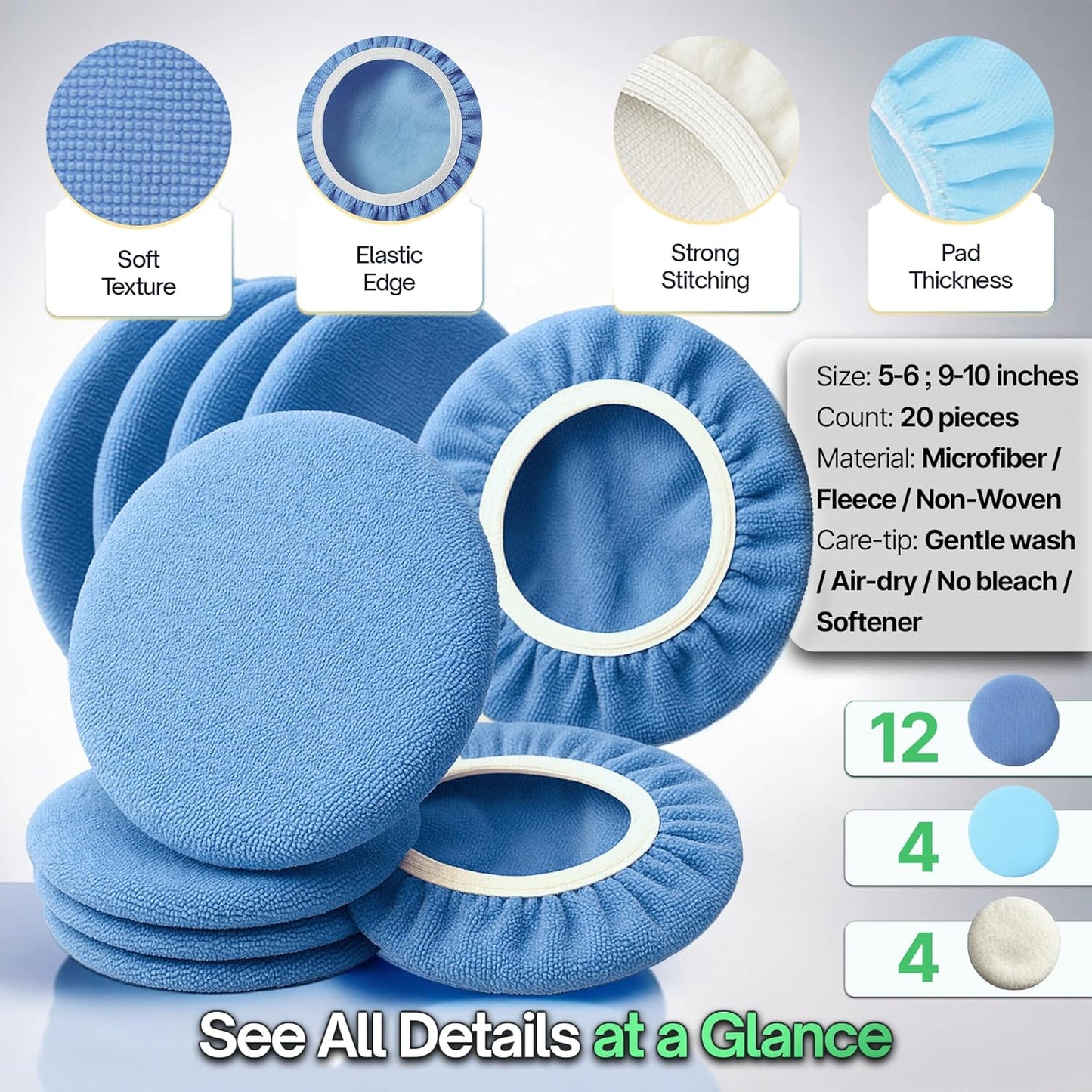 20 Pack Buffing Pads, Polishing Pad Covers, Microfiber & Wool for 5-6 Inch Buffer Polisher; Car Buffer Accessories for Car Detailing Kit; Wax, Polishing Compound & Polish Finishing, Durable Set