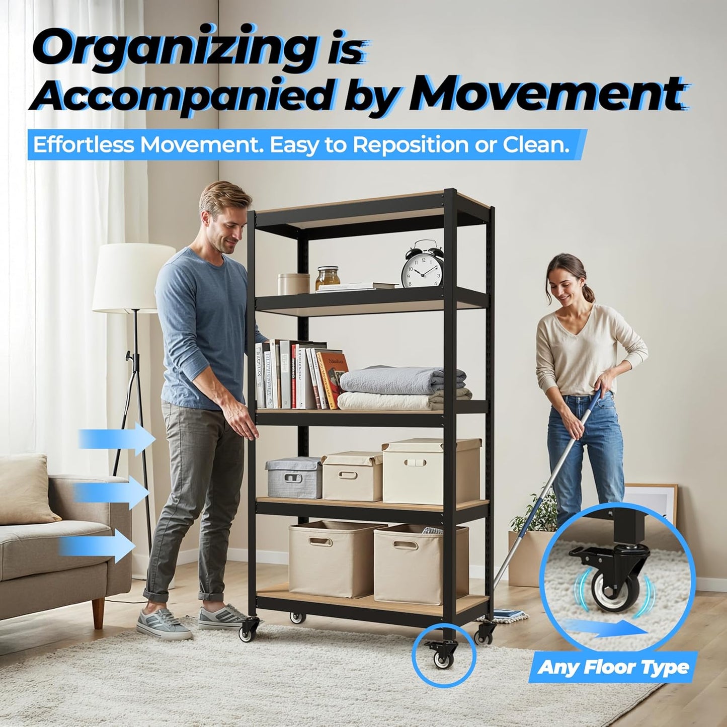 HOMEDANT House 5-Tier Metal Rolling Cart Shelf Rack Casters Heavy Duty Laminated Wheel Shelving Unit Adjustable Utility Storage Shelves Organizer Shelf Kitchen Garage 24.4" W x 16.5" D x 62.2" H 2Pack
