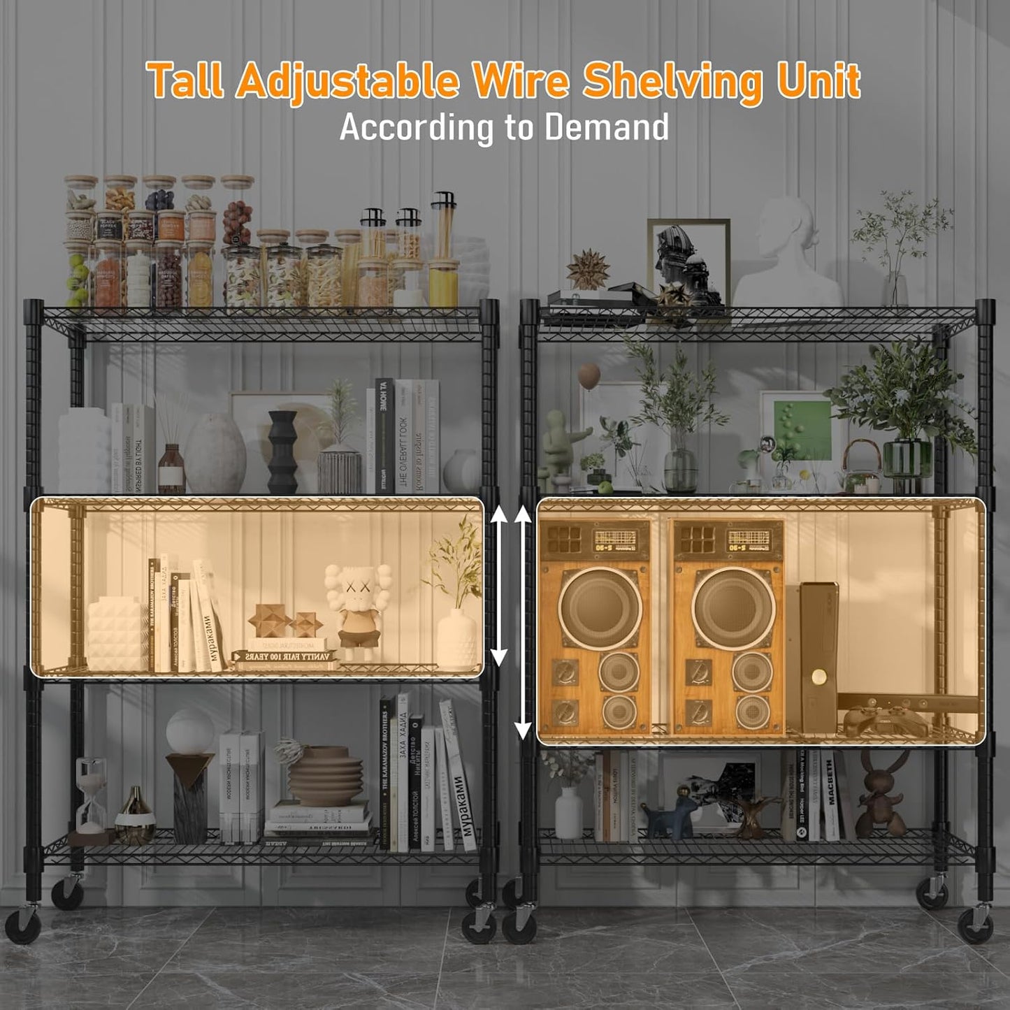 Himimi 18" D×36" W×72" H Storage Shelves with Wheels Metal Wire Shelving Unit 4 Tier Adjustable Shelving Heavy Duty Garage Shelf Organizer Rack Loads 1600LBS,Black