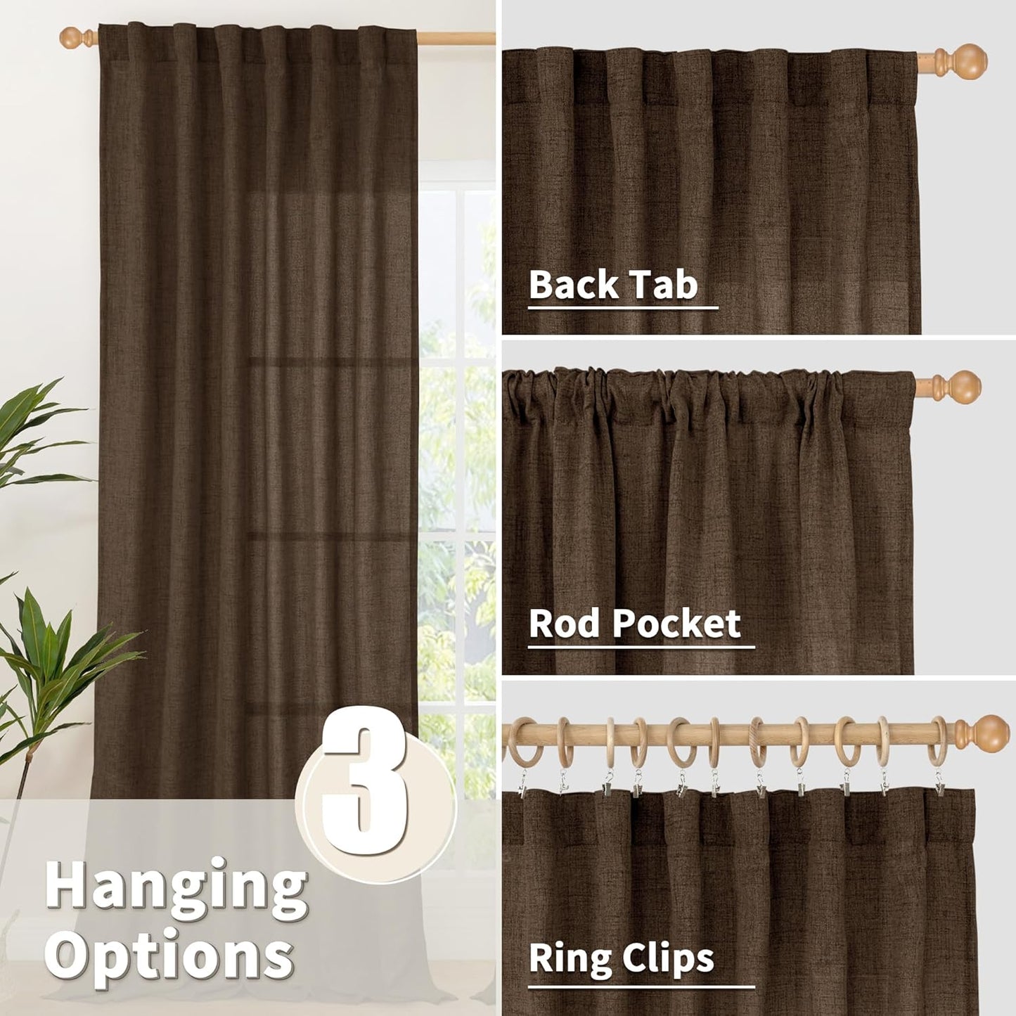 YoungsTex Brown Linen Curtains 40 Inch Length for Small Window, Chocolate Light Filtering Drapes with Rod Pocket Back Tab for Bathroom Kitchen Window, 30 x 40 Inch, 2 Panels