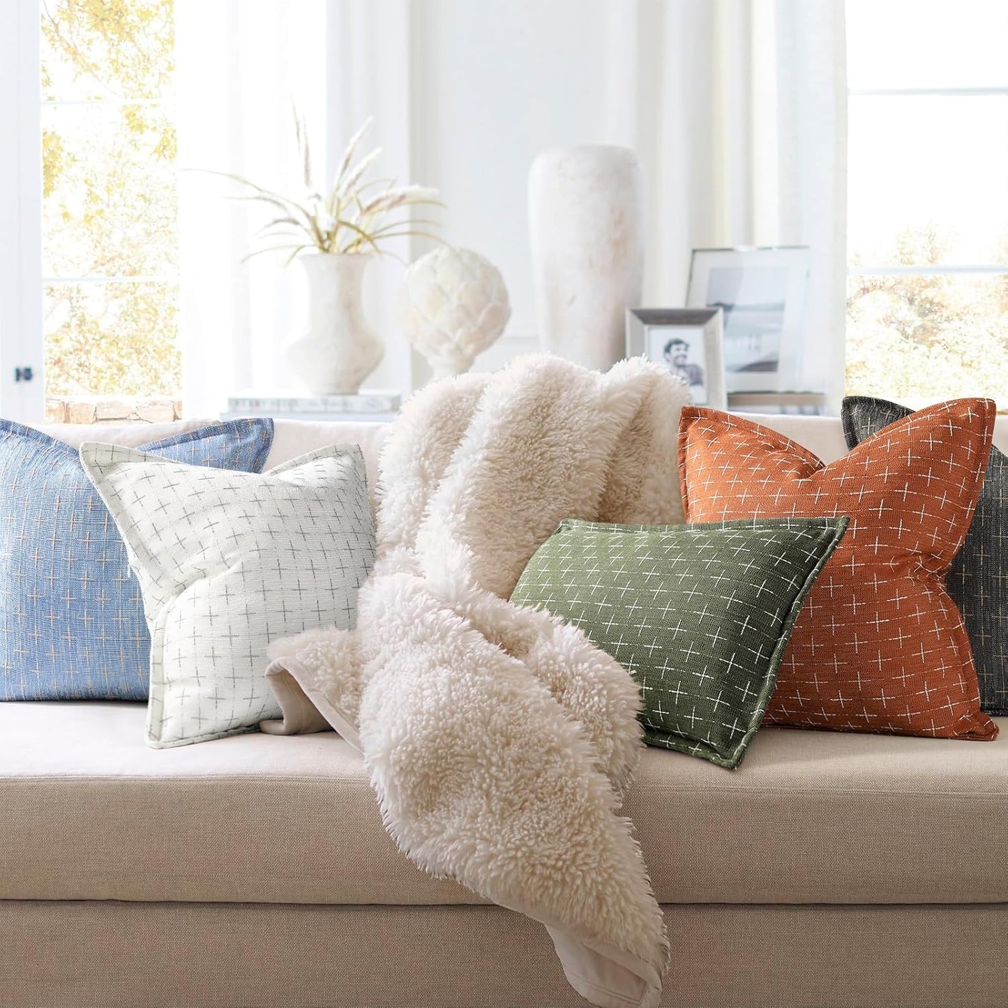 ZWJD Pillow Covers 24x24 Set of 2 Soft Polyester Textured Pillow Covers with Stylish Flange Edge Cozy Farmhouse Throw Pillows for Couch Bed Sofa Living Room
