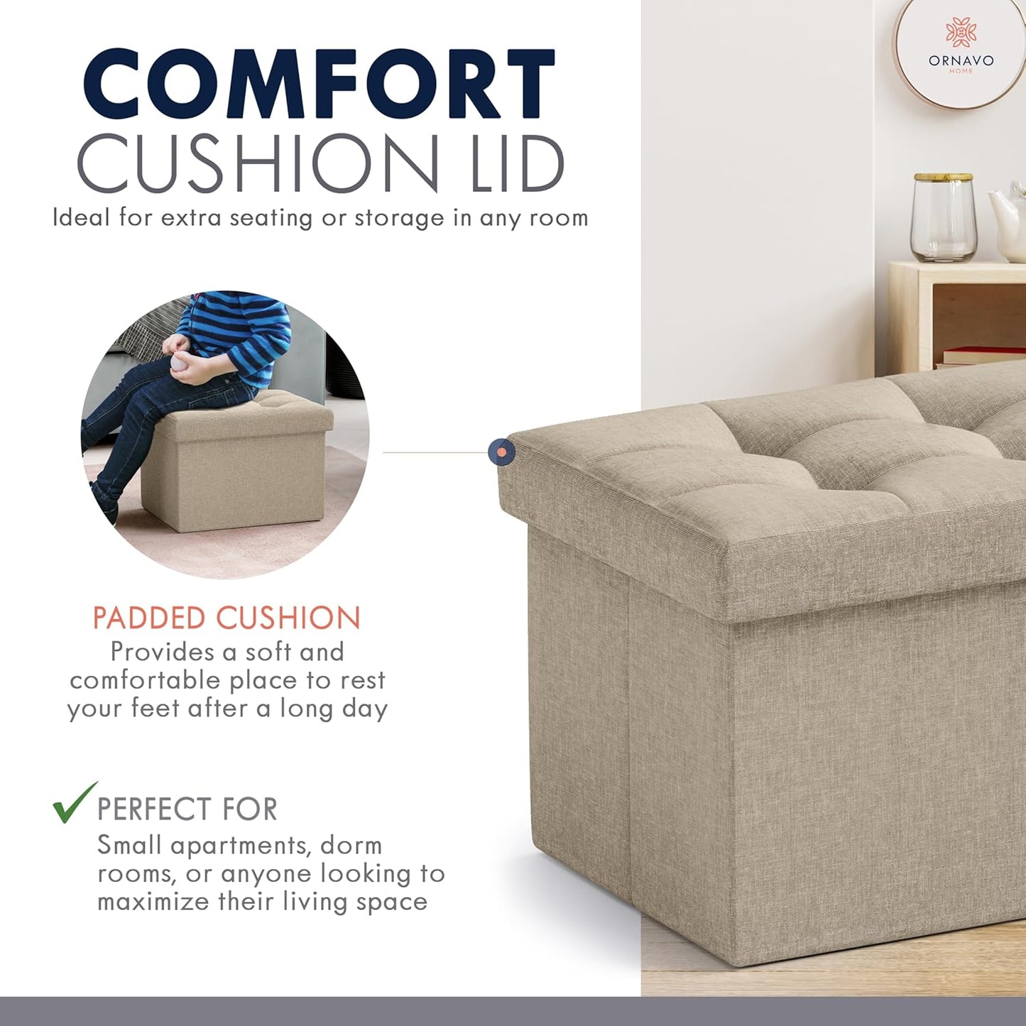 Ornavo Home Small Storage Ottoman Foldable Collapsible Rectangle Linen Ottoman Foot Rest Stool Seat, for Living Room, Bedroom, Home Office, Dorm - 12 x 16 x 12, Taupe