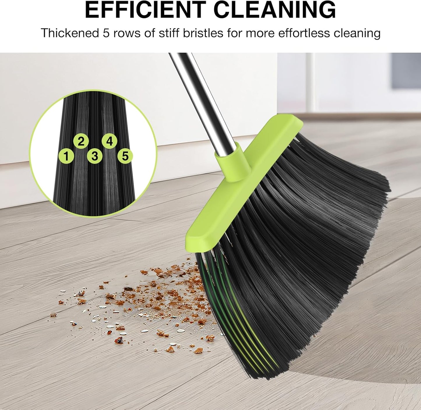 Broom and Dustpan Set, 52-in Long Adjustable Handle Broom Dustpan Combo with Dust pan Teeth to Automatically Clean Hair Suitable for Home Kitchen Office Hall Floor (Green), 4 Pack
