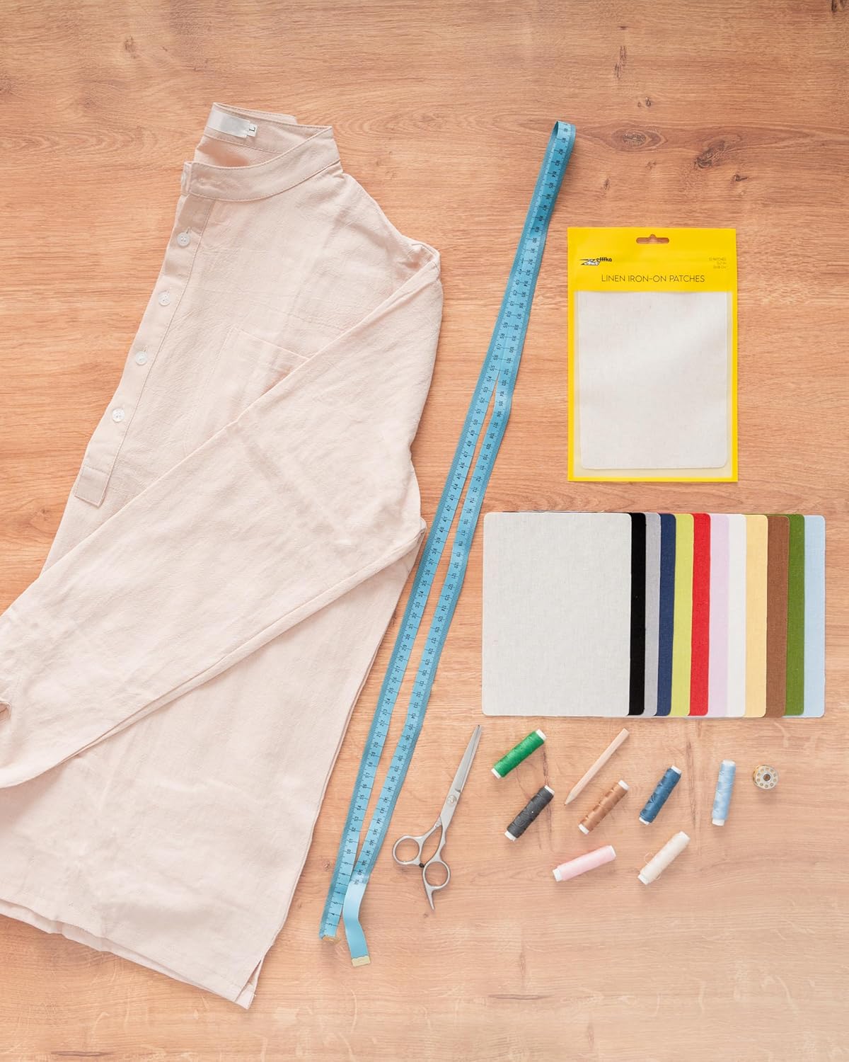 ZEFFFKA 12-Pack Linen Iron-on Patches Fabric Repair Kit for Clothing Shirts Pants Dresses Natural Look Strong Adhesive 12 Colors 30% Linen 70% Cotton 5” x 7”