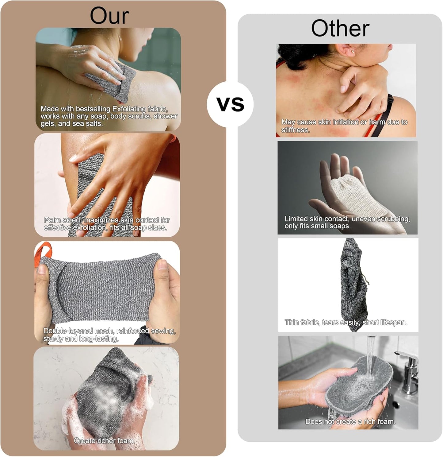 2 Pack Soap Bag Different Roughness Deep and Gentle,Bar Soap Pouch Saver Pocket,Exfoliating Body Scrubber Shower Bath Sponge Loofah (Grey)