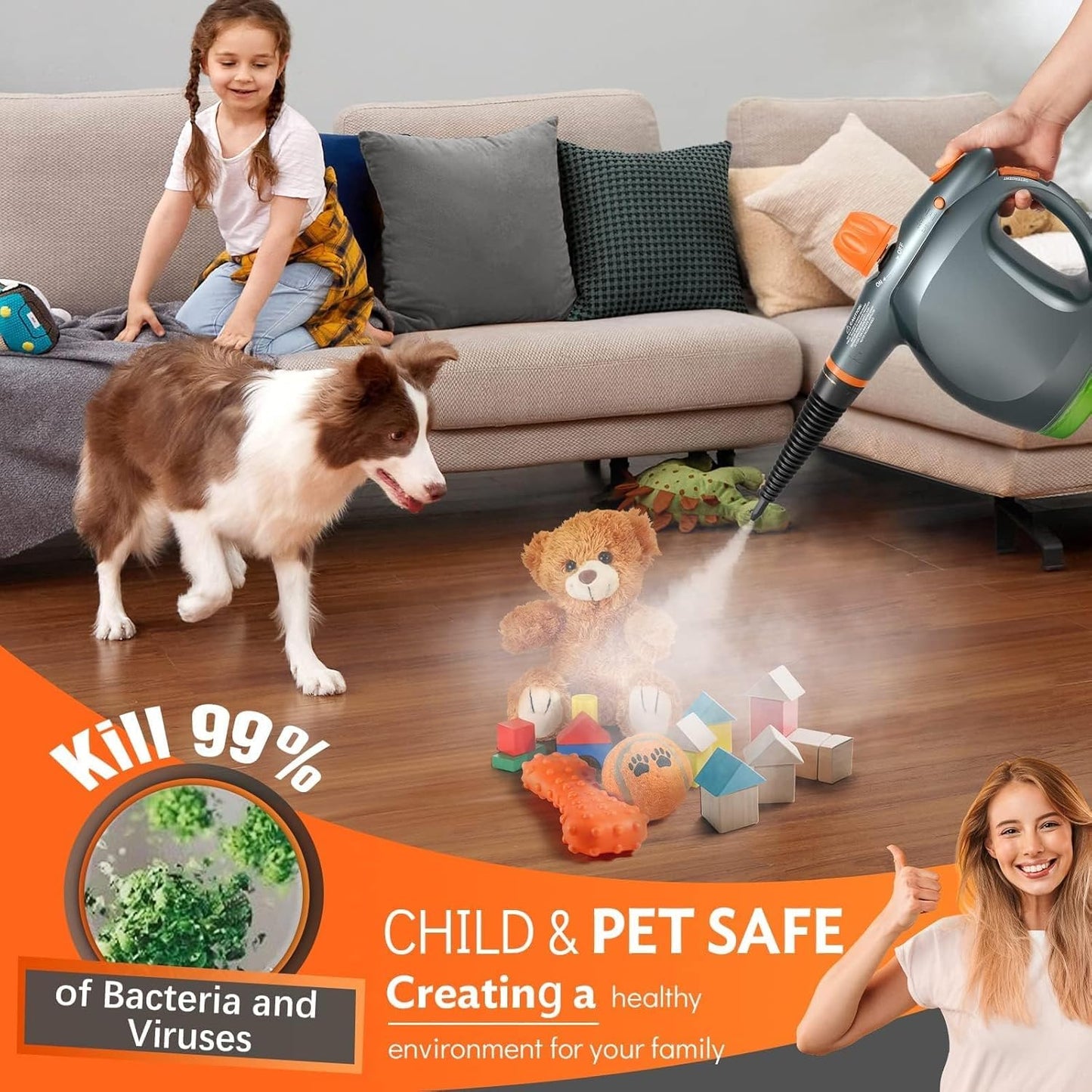 1250W Powerful Handheld Steam Cleaner with Detergent Container and Safety Lock, Multifunctional and Pressurized Hand Held Steamer for Kitchen, Bathroom, Windows and Floors, Steamer for Cleaning