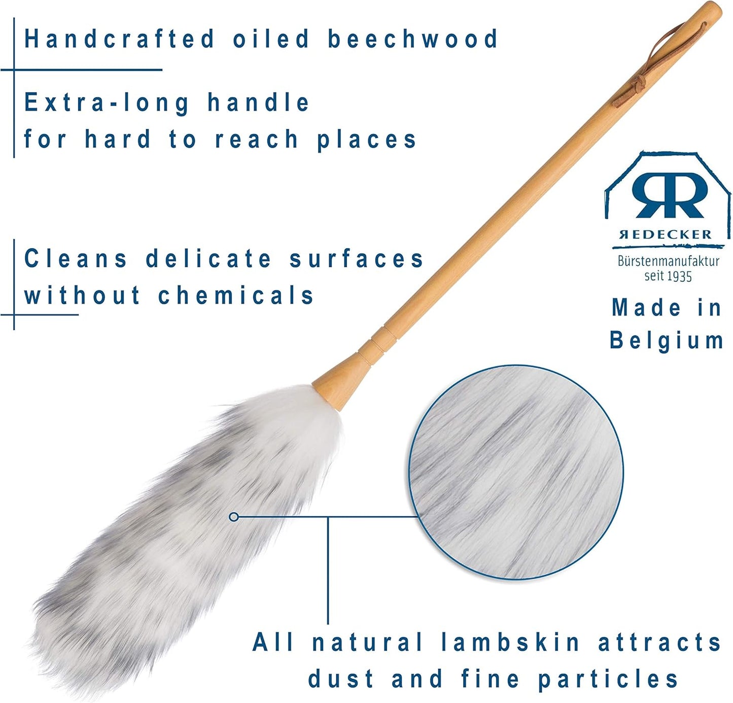REDECKER Lambswool Duster, Natural Magnet for Dust and Fine Particles, Cleans Without Scratching, 29-1/2 inches - Lambs Wool Dusters for Cleaning - Lambs Wool Duster, Made in Belgium Reusable Duster