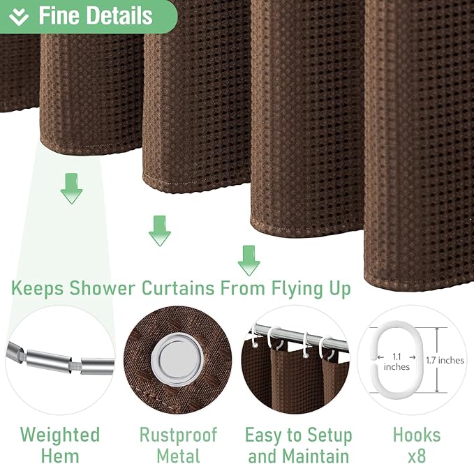 Dynamene Stall Fabric Shower Curtain - 48 inch Wide Waffle Weave Weighted Thick Cloth Shower Curtains for Bathroom, Neutral Heavy Duty Hotel Spa Luxury Bath Curtain Set with 8 Hook, 48x72, Brown
