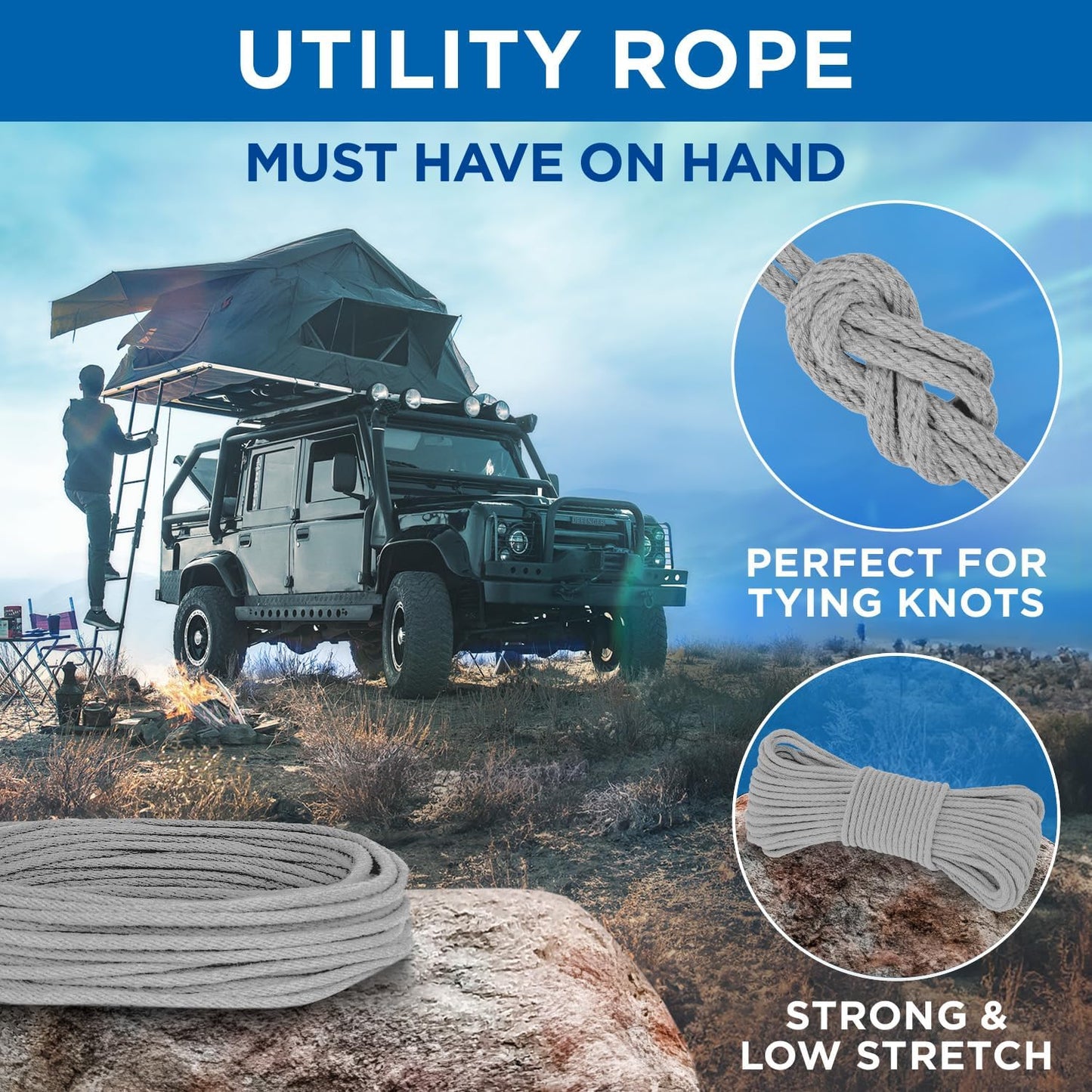 TECEUM Cotton Rope 3/16” (5 mm) – 50 FT – Strong All-Purpose Braided Rope – Natural Cotton – for Crafting, Сamping, Clothes Line, DIY, Indoor & Outdoor Use – Light Gray