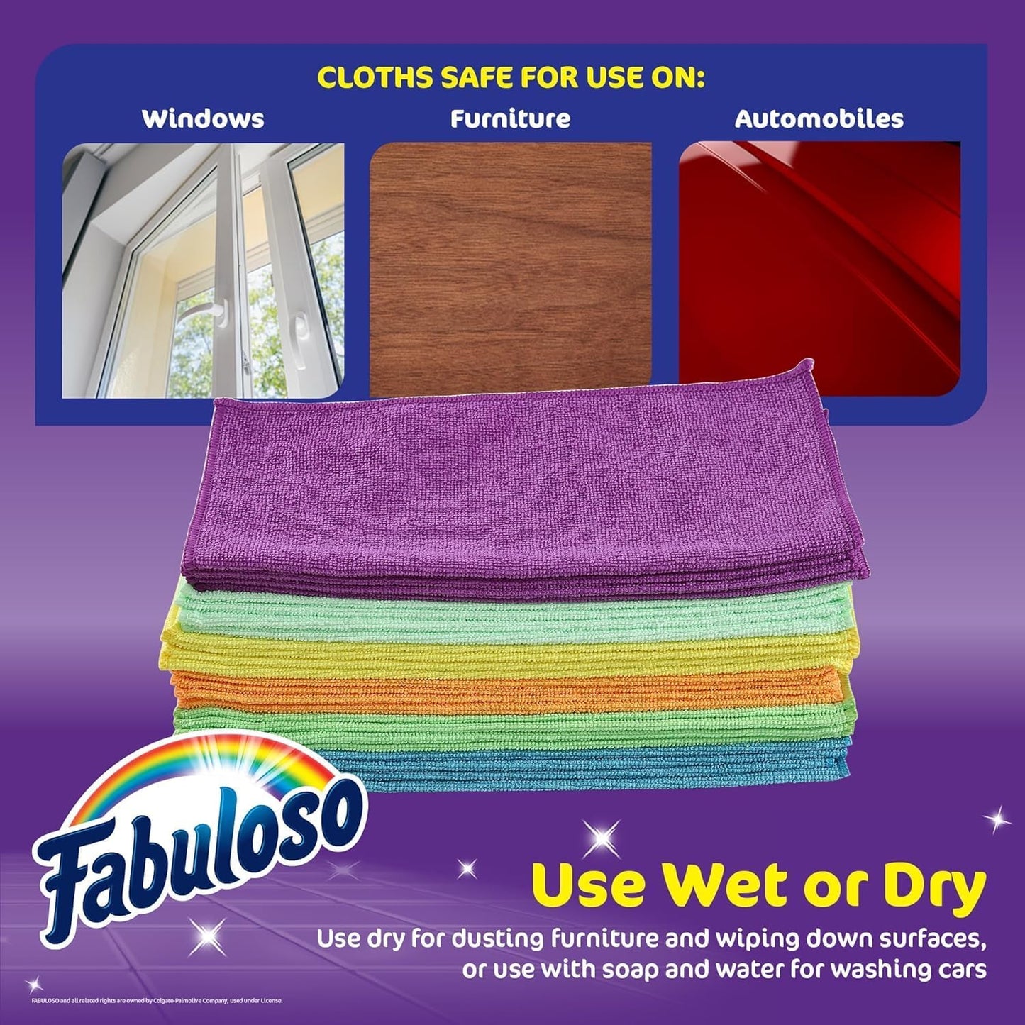 Fabuloso Microfiber Cleaning Cloths, Rainbow - Lint-Free, Scratch-Free Cleaning Cloths for Surfaces and Wood Furniture - Dustless Cloth for Bold and Bright Cleaning Experience, 24 Count - 2 Pack