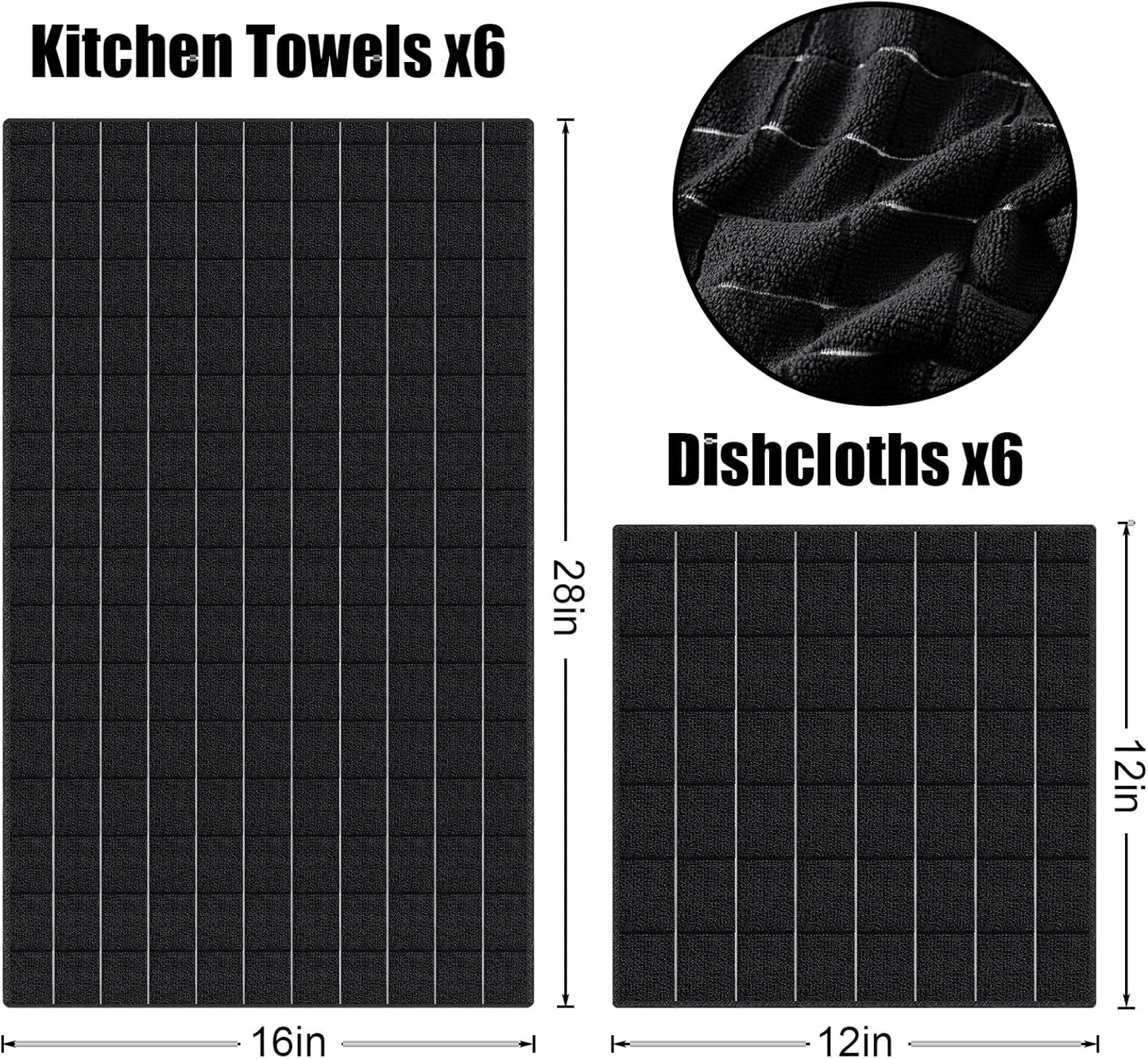 Homaxy Microfiber Kitchen Towels and Dishcloths Set, 12 Pack Soft and Absorbent Dish Hand Towels Bulk, 28 x 16 Inch & 12 x 12 Inch Quick Drying Rags for Washing Dishes, Black