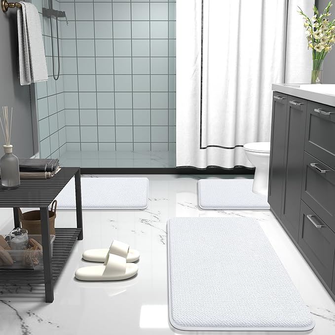 OLANLY Thick Memory Foam Bath Mat Rug 59x20, Extra Soft Absorbent Bathroom Rug, Quick Dry Bath Mats, Non-Slip, Machine Washable Carpet for Bathroom, Tub and Shower, Home Decor Accessories, White