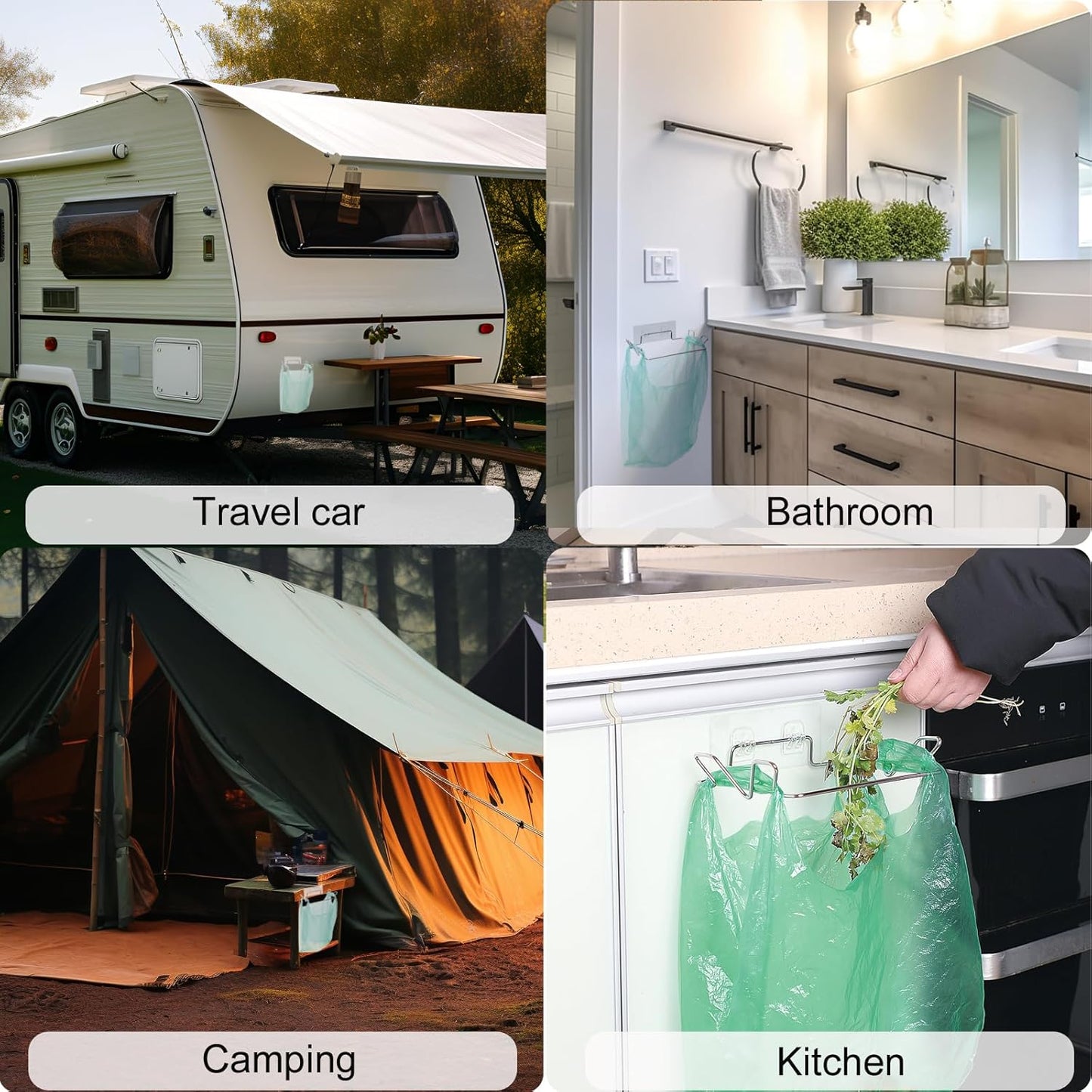 2 Pcs Stainless Steel Trash Bag Holder for Kitchen Cabinets Doors and Cupboards, Under Sink Bag Hanger, Portable Trash can, Waste Bins, Wall Adhesive Hanging Garbage Bins, With Wall Sticker Base