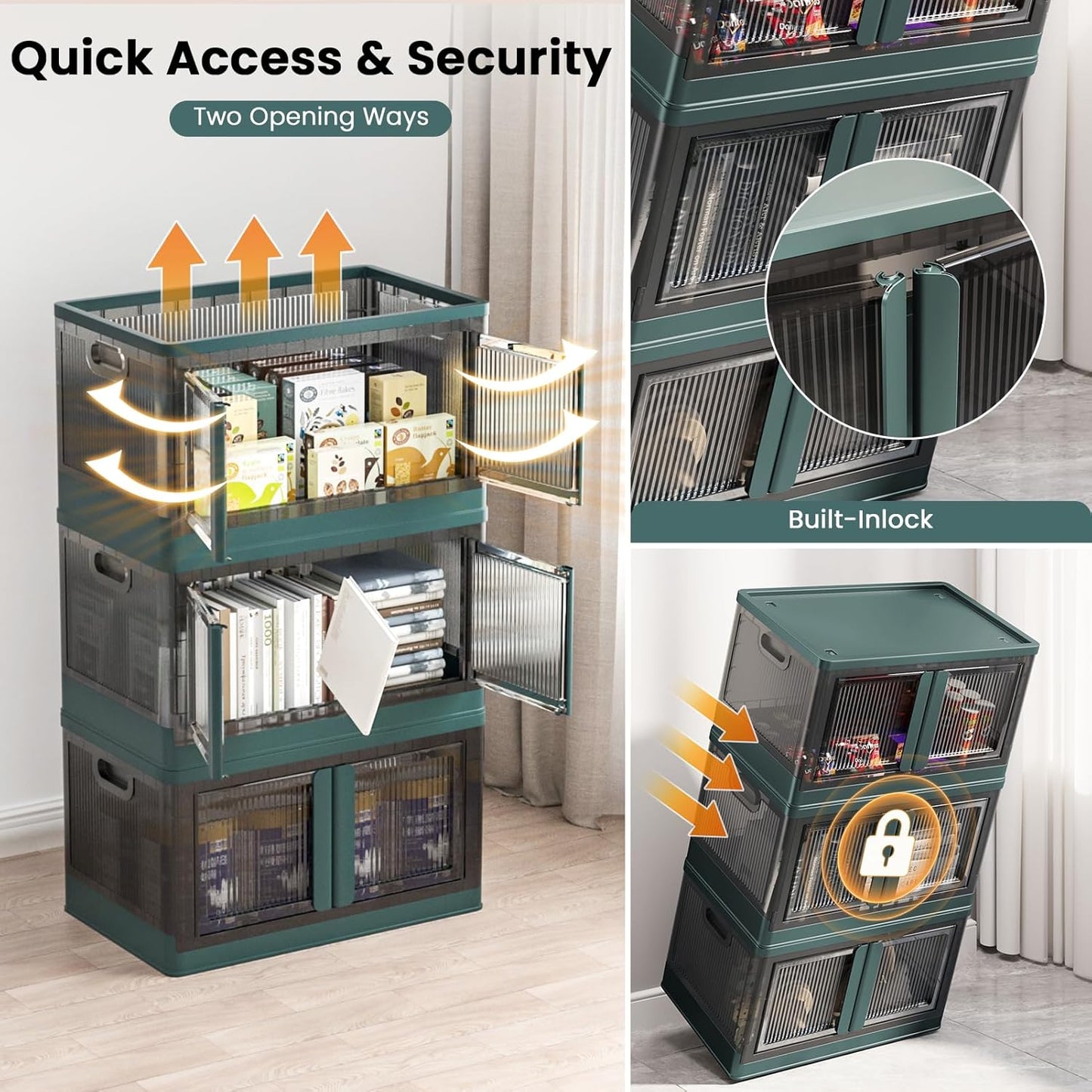 19Gal Collapsible Storage Bins with Lids & Wheels - 4 Pack Stackable with Doors, Heavy-Duty Plastic Containers for Home/Office, Green