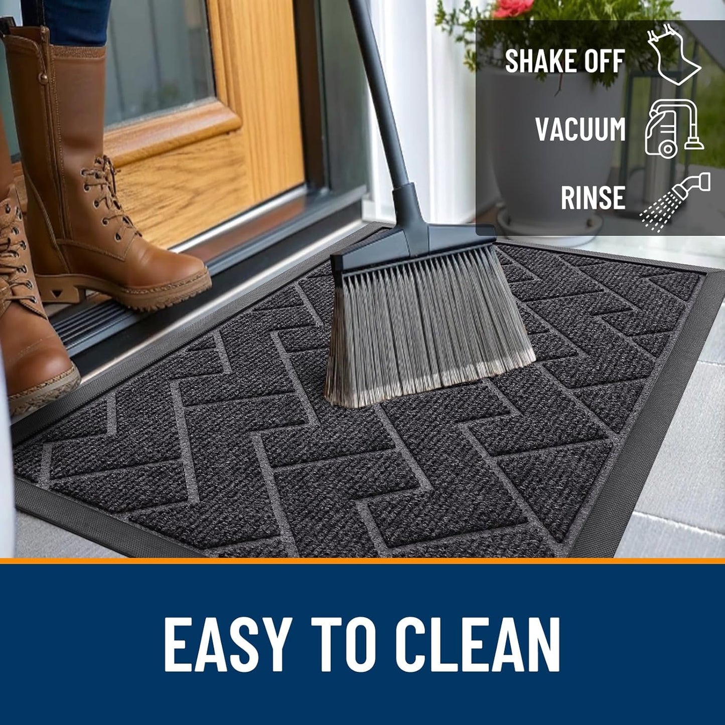 OLANLY Front Door Mat Indoor Outdoor Entrance, Waterproof All-Season, All-Weather Doormat, Sturdy Natural Rubber, Low Profile, Easy Clean Patio Porch Entryway Mat, Herringbone Brick (Grey, 59x35)