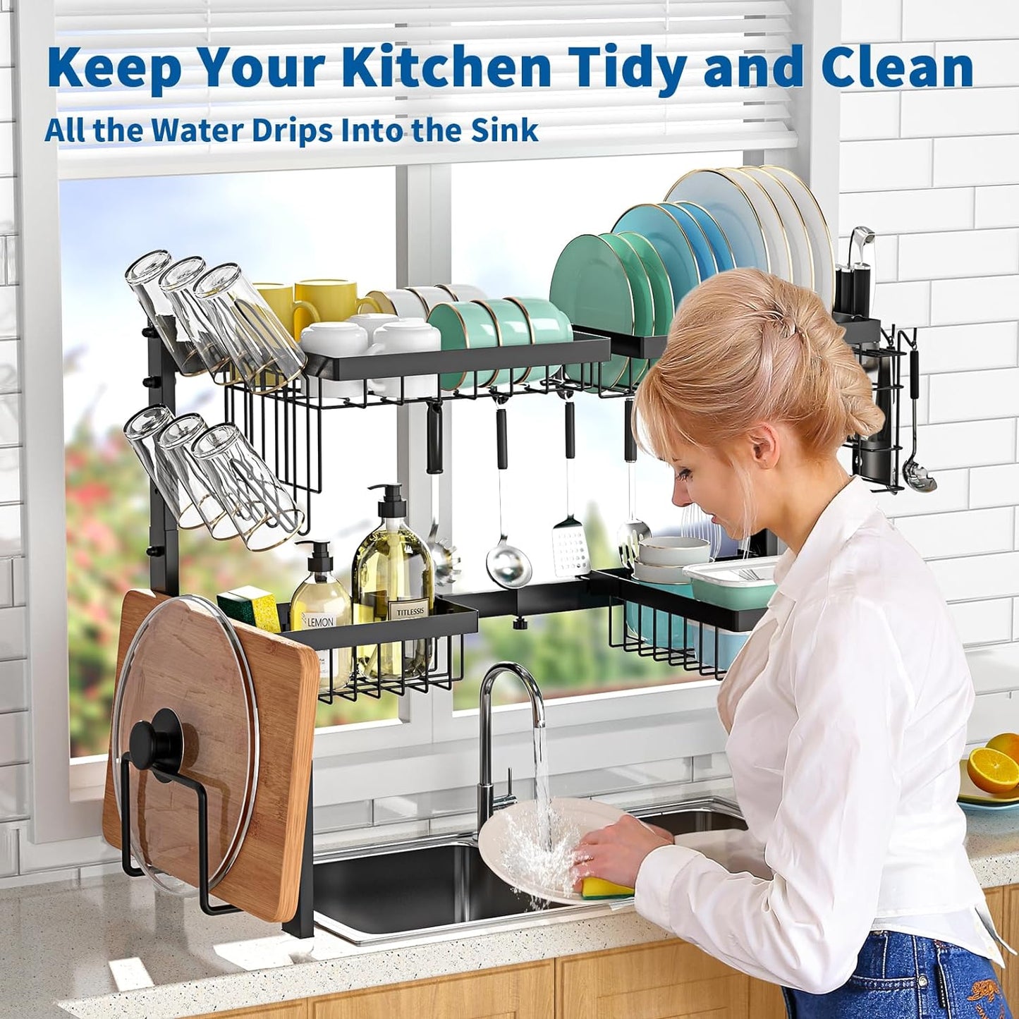 Over The Sink Dish Drying Rack,Expandable 2-Tier Stainless Steel Over The Sink Dish Rack with Utensil Holder Dish Drainers for Kitchen Counter