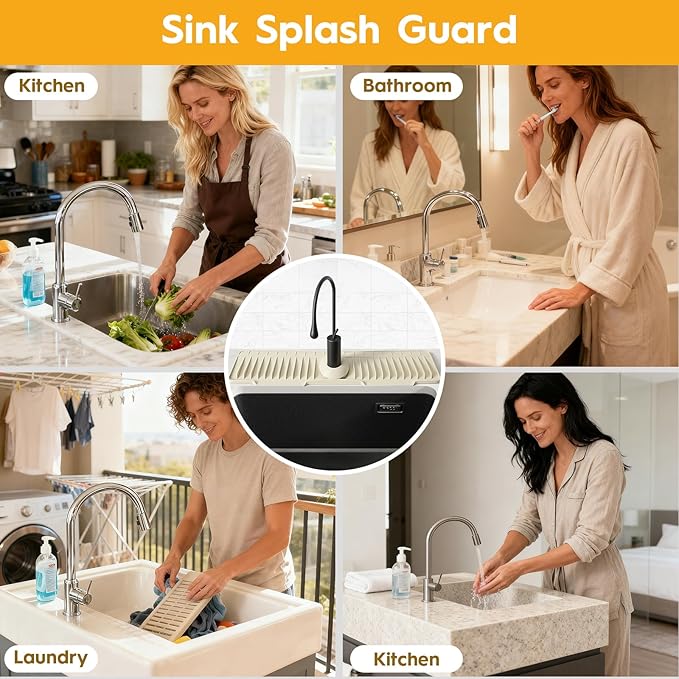 16" Silicone Faucet Mat for Kitchen Sink Released in 2025/12TH,8° Slope Fast Self-draining-Kitchen Sink Splash Guard,Bathroom Kitchen Sink Area Water Splash Guard Behind Faucet Draining Mat Beige