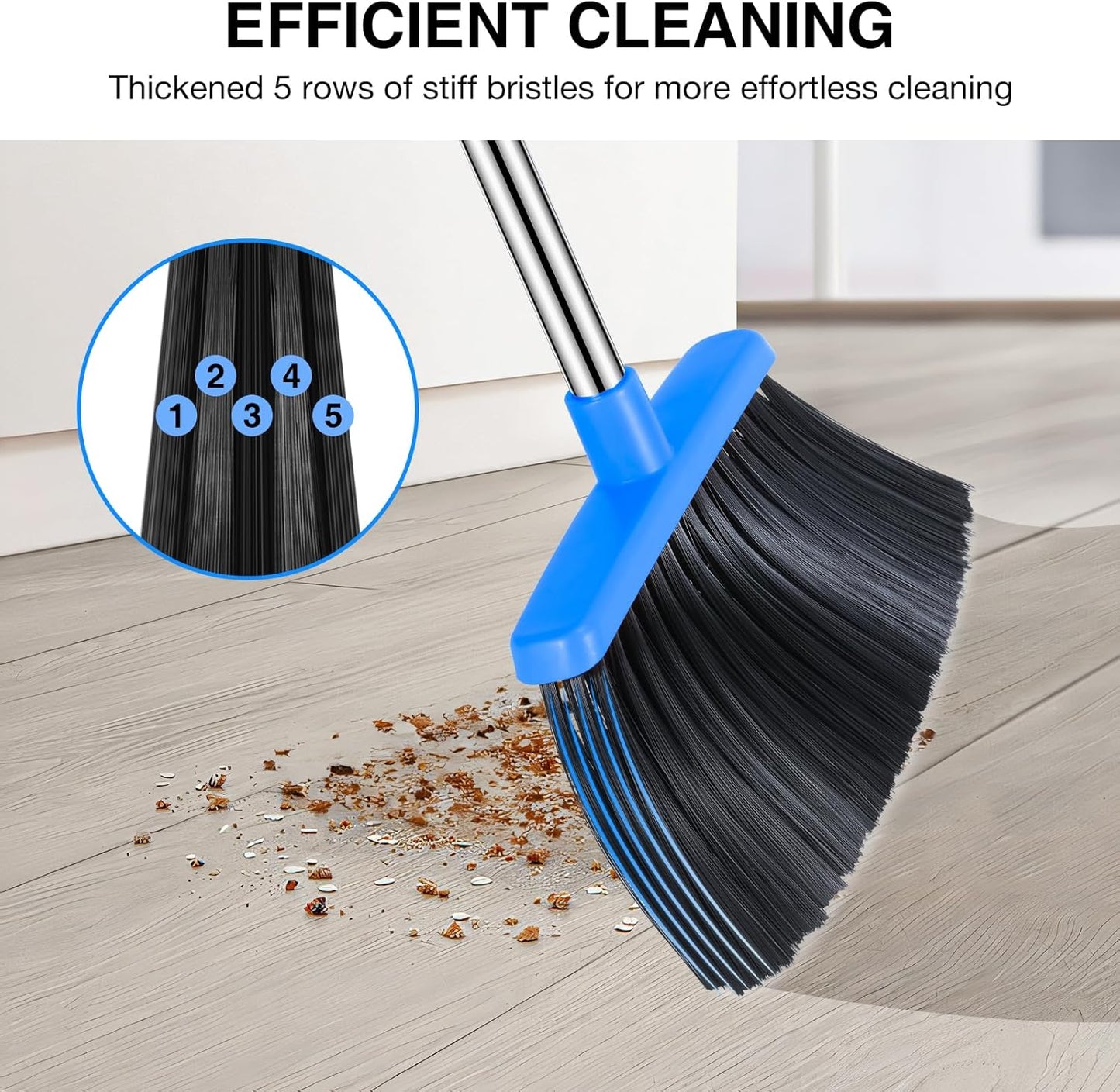 NACENA Broom and Dustpan Set, 52-in Long Adjustable Handle Broom Dustpan Combo with Dustpan Teeth to Automatically Clean Hair Suitable for Home Kitchen Office Hall Floor(Black&Blue)