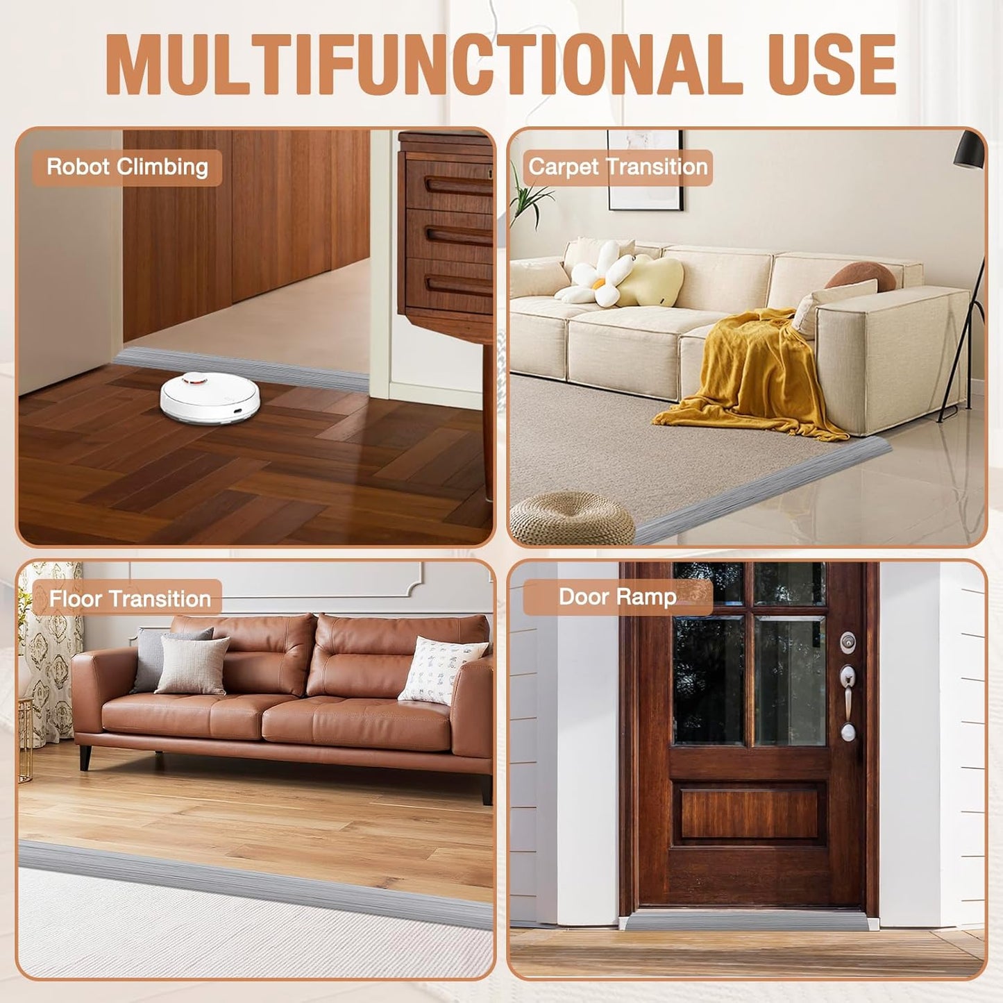 Floor Transition Strip Self Adhesive Vinyl Door Threshold for Doorways Carpet Edging Trim Overlap Edge Reducer for Laminate Floor, Carpet, Tile (Light Gray Wood Grain, 2/5" to 3/5", 6.6Ft)