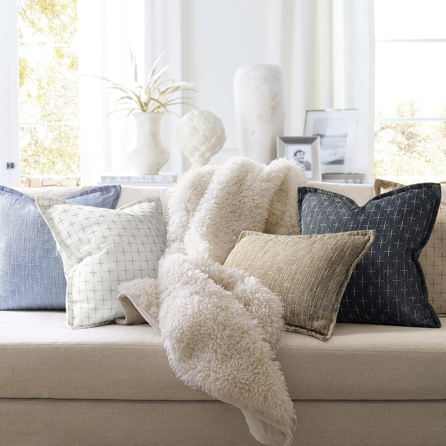 ZWJD Pillow Covers 16x16 Set of 2 Soft Polyester Textured Pillow Covers with Stylish Flange Edge Cozy Farmhouse Throw Pillows for Couch Bed Sofa Living Room