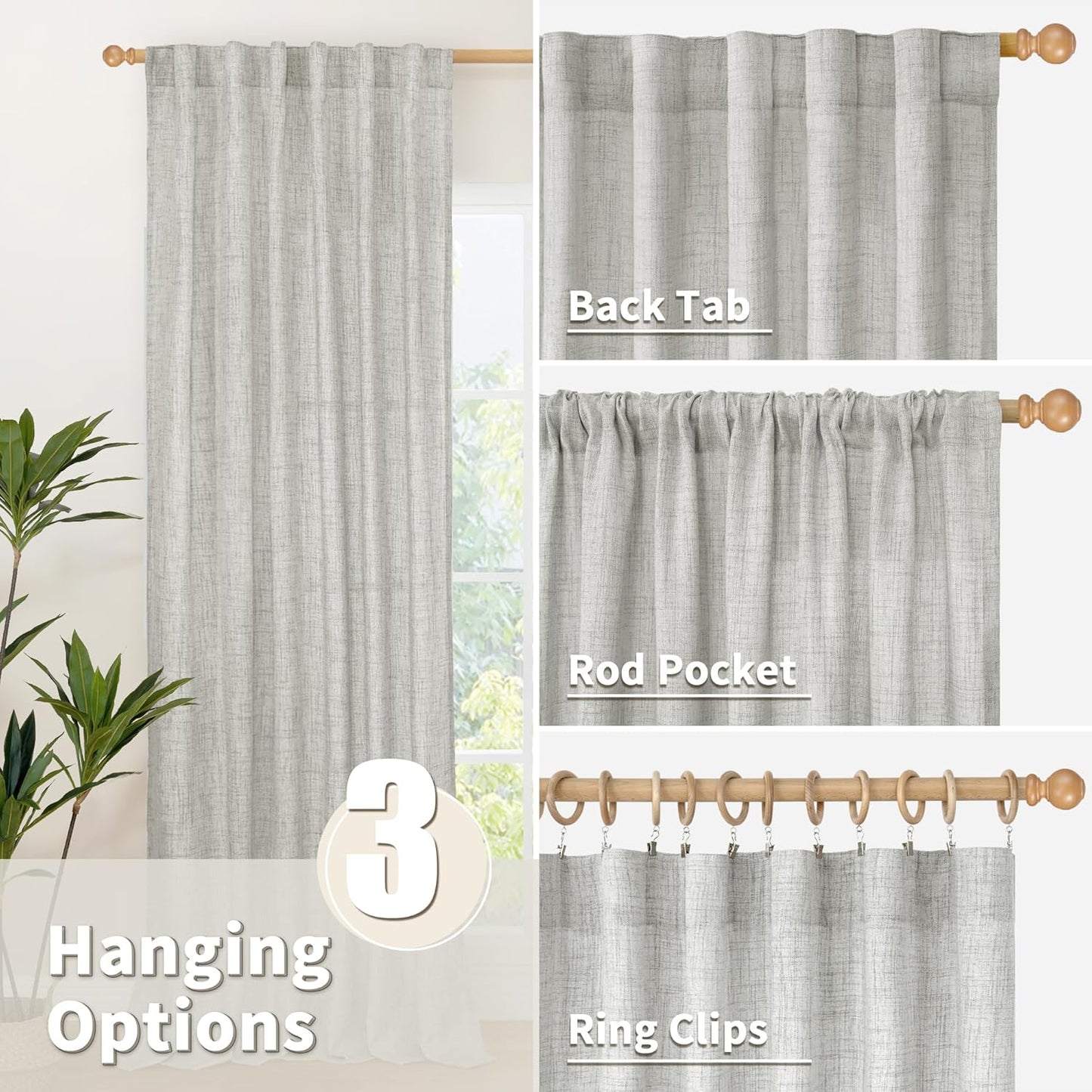YoungsTex Light Grey Linen Curtains 78 Inch Length for Living Room, Light Filtering Semi Sheer Window Drapes Rod Pocket Back Tab Curtain for Bedroom Office Dining, 2 Panels, 52 X 78 Inch