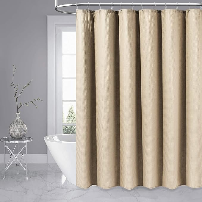 Dynamene Extra Wide Shower Curtain-108 Inch Wide Waffle Weave Weighted Thick Cloth Bathroom Shower Curtain, Neutral Heavy Duty Hotel Bath Curtain Set with 18 Plastic Hooks,108x72, Beige/Khaki