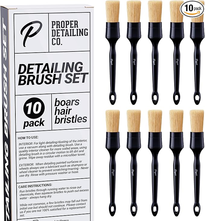 Car Detailing Brush Set, Premium Quality Soft Boars Hair Bristles, Clean Auto Interior (Leather Seats, Air Vents) or Exterior (Wheels, Paint, Emblems) Detail Brushes Car Detailing Shop Pack (10 Pack)
