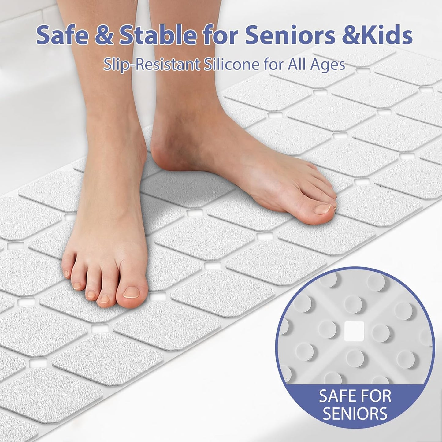 Bathtub Mat Non Slip Silicone Foldable Extra Long Tub Mat Strong Suction Cups & Large Drain Holes, Durable,Machine Washable for Smooth Surfaces Shower Mat, Ideal for Families Beige,15"x40" White