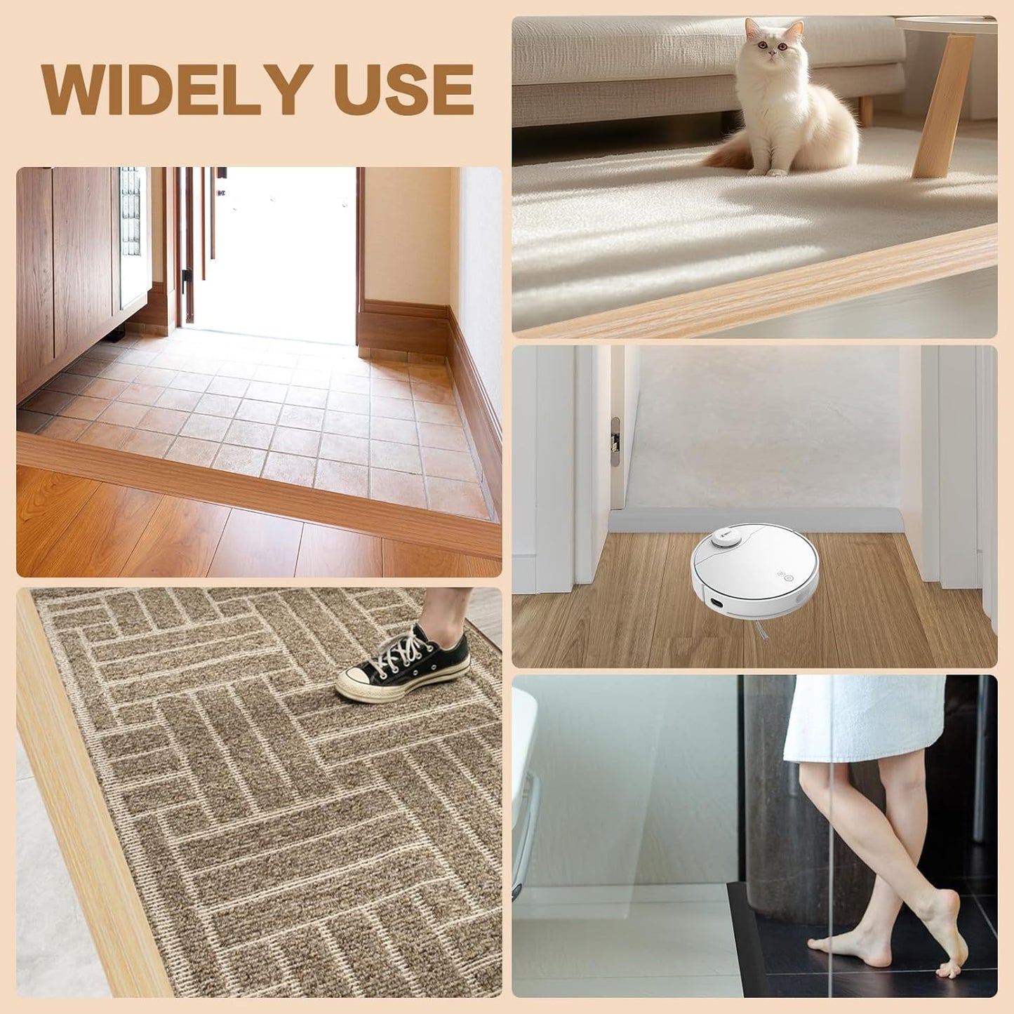 Floor Transition Strip Vinyl Door Threshold Ramp Self Adhesive Carpet Edging Strip Doorway Edge Trim, Overlap Edge Reducer for Laminate Carpet, Floor, Tile (Light Yellow Grain, 2/5" to 3/5", 3.3Ft)