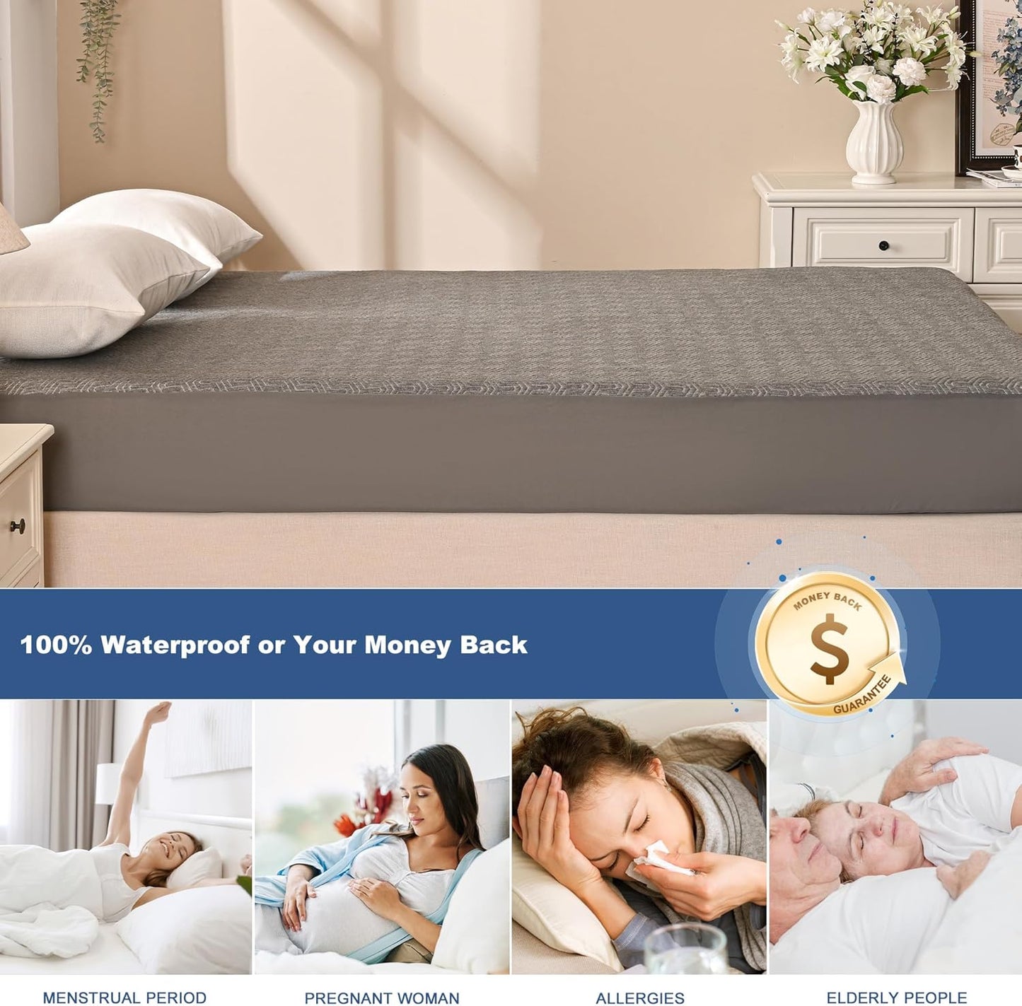 GRT Twin Mattress Protector Waterproof, Breathable Bamboo Charcoal Fiber Mattress Cover, Noiseless and Odor Free Upgraded Mattress Protector with Double-Barrier Protection, 8"-26" Deep Pocket