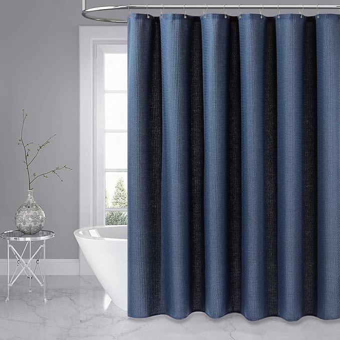 Dynamene Extra Wide Shower Curtain-108 Inch Wide Waffle Weave Weighted Thick Cloth Bathroom Shower Curtain, Neutral Heavy Duty Hotel Bath Curtain Set with 18 Plastic Hooks,108x72, Navy Blue