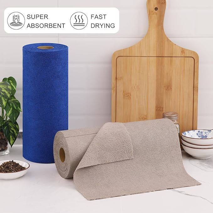 Homaxy Tear Away Dish Cloths Rolls, 40 Sheets-11.8" X 11.8", Reusable Washable Dish Towels for Kitchen, Ultra Absorbent and Quick Drying Microfiber Cleaning Rags, Khaki