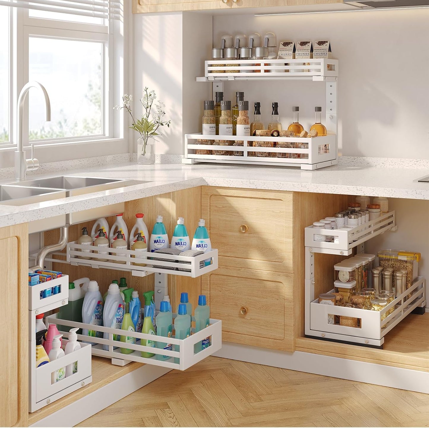 2-Pack 19"Deep Under Sink Organizer And Storage, 2-Tier L-Shaped Pull Out Cabinet Organizer with Upgraded Slide Rails, Height Adjustable Drawers for Kitchen&Bathroom, Extra-Large Storage Shelves–Gray