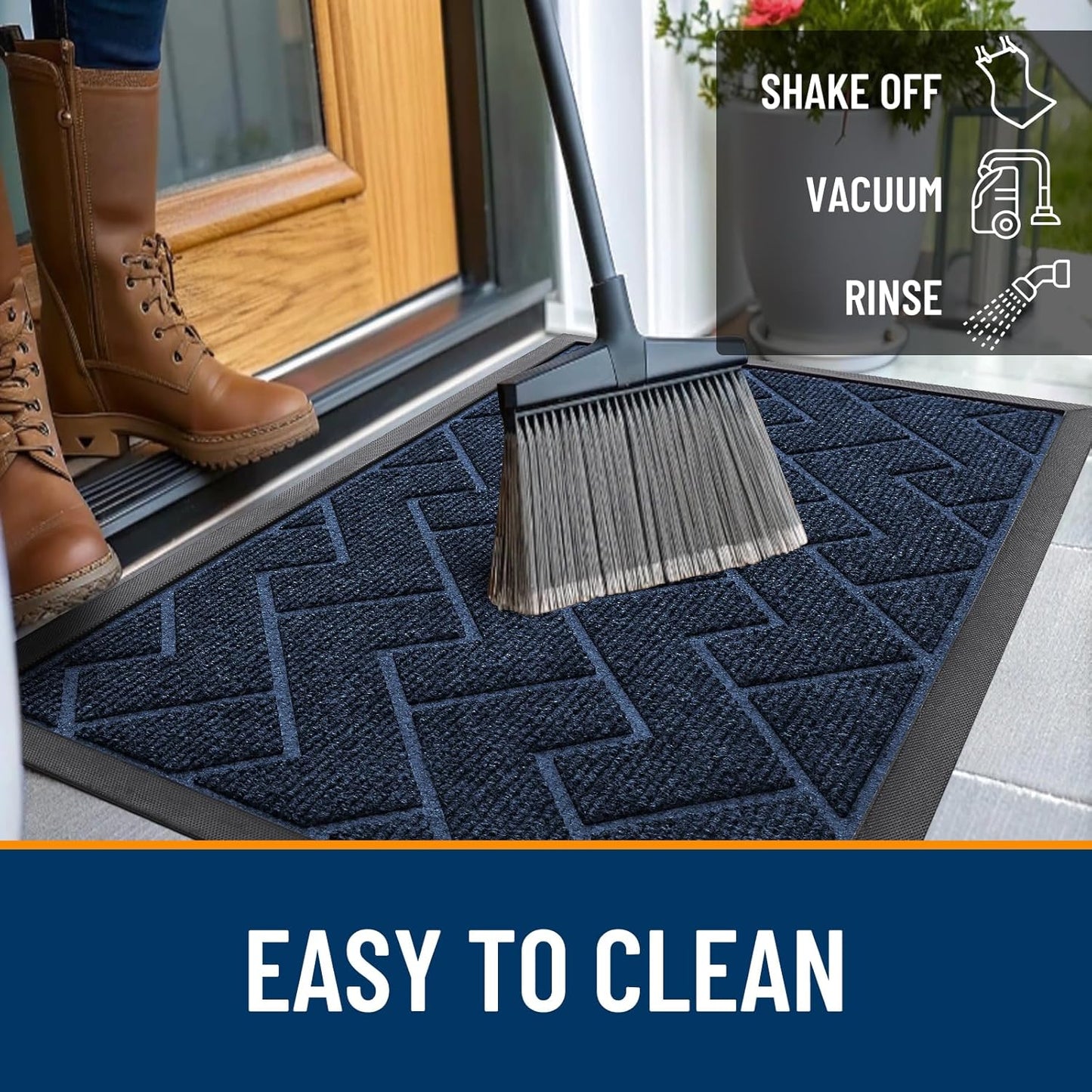 OLANLY Front Door Mat Indoor Outdoor Entrance, Waterproof All-Season, All-Weather Doormat, Sturdy Natural Rubber, Low Profile, Easy Clean Patio Porch Entryway Mat, Herringbone Brick (Blue, 36x24)