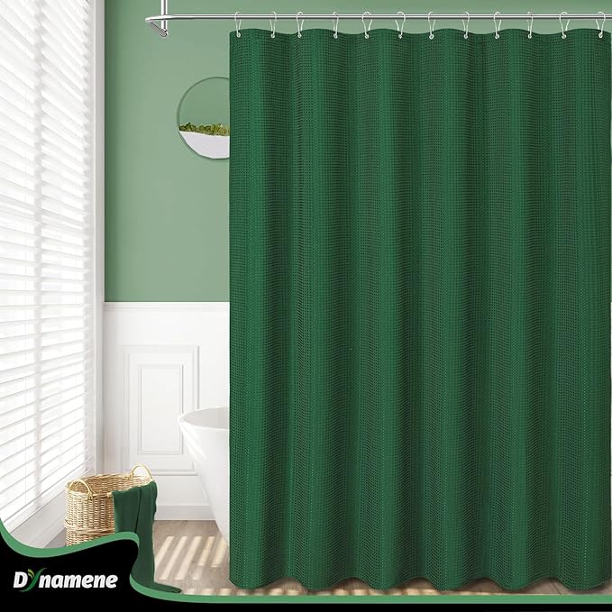 Dynamene Stall Fabric Shower Curtain - 54x78 inch Long Waffle Weave Weighted Thick Cloth Shower Curtains for Bathroom,Heavy Duty Hotel Spa Luxury Bath Curtain Set with 10 Plastic Hooks, Dark Green