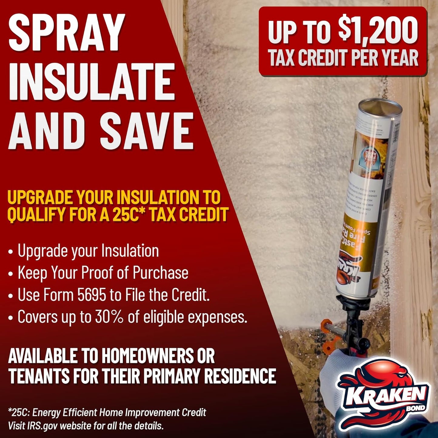 Kraken Bond Fastcoat Fire Rated Spray Foam Insulation Closed Cell in a Can 480 sq ft (24x27.1 oz.) (R-Value 11.32 / 2in) - Spray Foam for Garage Door, Attic, Wall Gun & Cleaner Not Included, 24 Pack