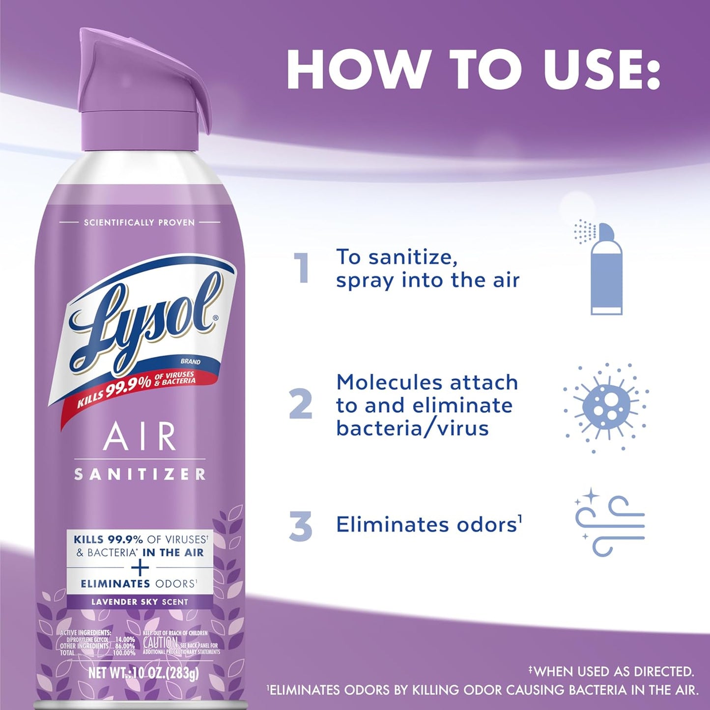Lysol Air Sanitizer Spray with Odor Eliminator for Home & Office, Sanitizing Spray, Air Freshener Alternative, Lavender Sky Scent, 10 oz (Pack of 3)