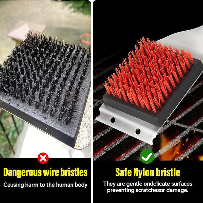 Nylon Grill Brush,Dual Grip Design,with Extended Luxurious Acaciawood Handle,Safe Nylon Bristles Barbecue Triple Scrubbers Cleaning Brush for Cast Iron Grates/Porcelain/Charcoal Grill