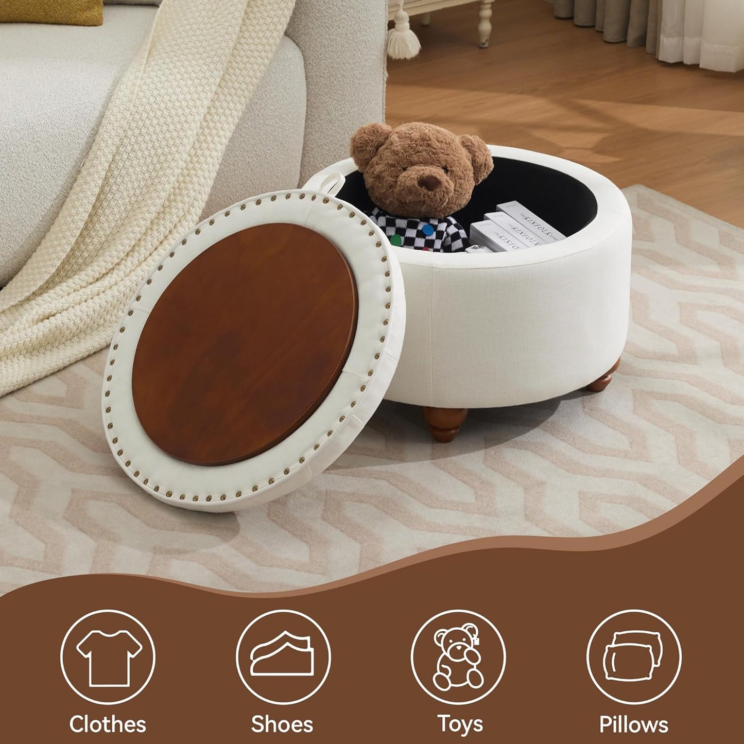 24Inch Round Storage Ottoman with Tray, Modern Tufted Fabric Circle Coffee Table with Storage, Upholstered Ottoman with Removable Top for Living Room, Bedroom, Beige