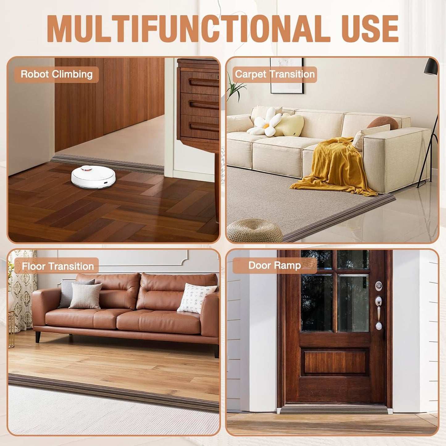 Floor Transition Strip Self Adhesive Vinyl Door Threshold for Doorways Carpet Edging Trim Overlap Edge Reducer for Laminate Floor, Carpet, Tile (Smoked Brown Wood Grain, 1/5" to 2/5", 6.6Ft)