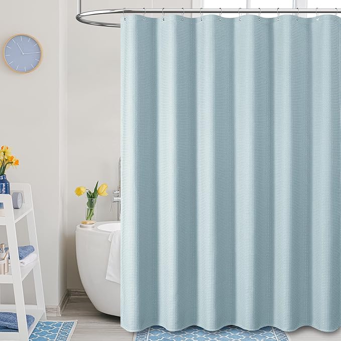 Dynamene Extra Long Shower Curtain - 84 Inch Long Fog Blue Waffle Weave Heavy Duty Fabric Bathroom Shower Curtain, Neutral Weighted Hotel Thick Bath Curtain Set with 12 Plastic Hooks,72x84, Fog Blue