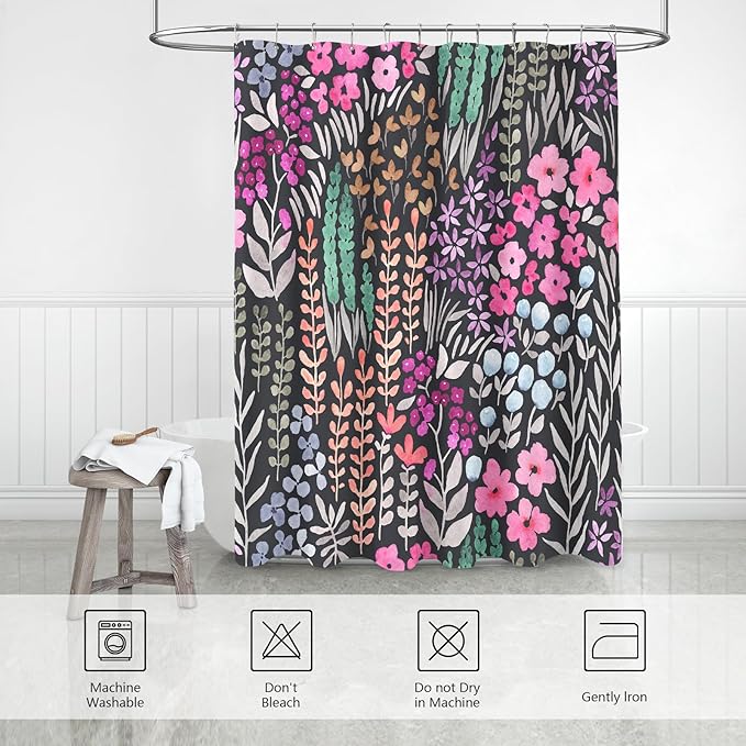 Extra Long Shower Curtain 72 x 84 Inch, Tall Cute Floral Shower Curtain for Bathroom, Black Hot Pink Wildflower Boho Cottagecore Fabric Shower Curtain Set with Hooks