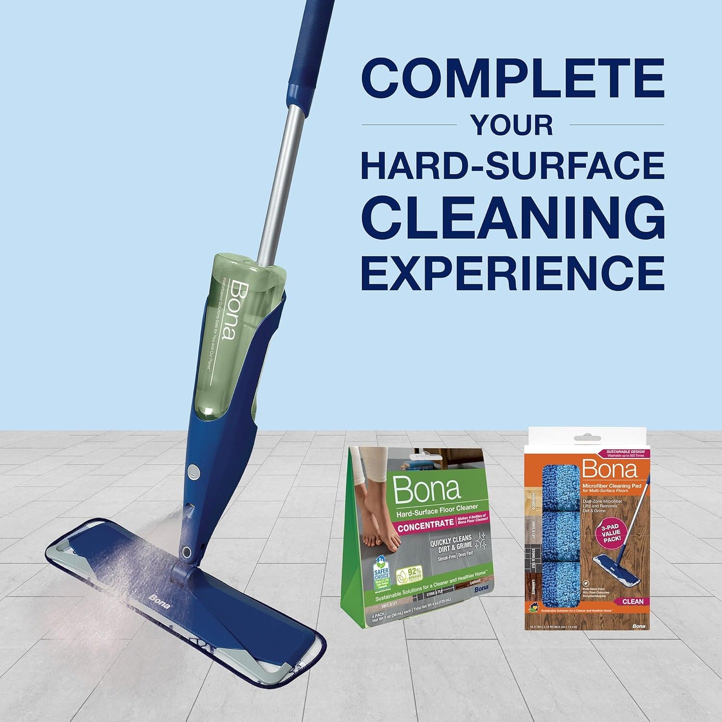 Bona Premium Multi-Surface Floor Spray Mop - Includes Multi-Surface Floor Cleaning Solution 34 fl oz and Machine Washable Microfiber Cleaning Pad - for Stone, Tile, Laminate, and Vinyl Floors