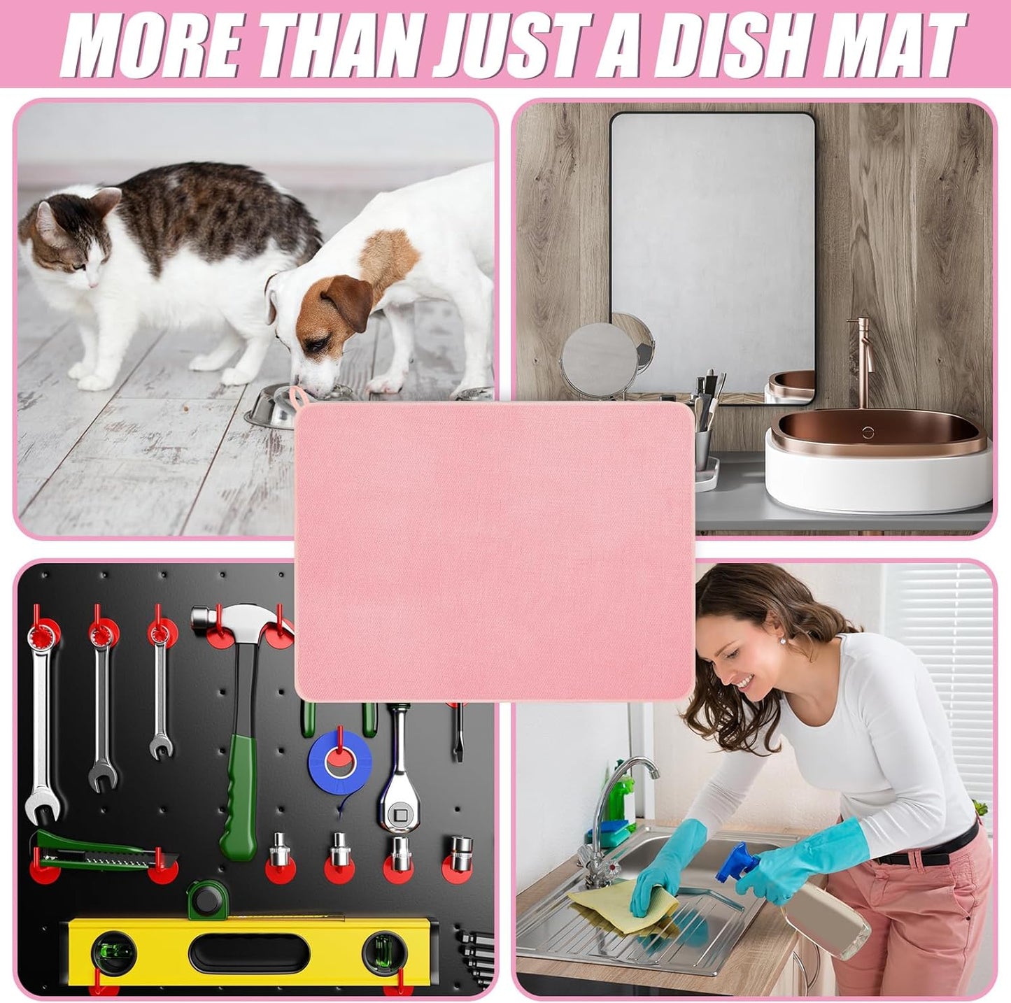 Hushee 2 Pack Extra Large Dish Drying Mat Microfiber Absorbent Dish Drying Pad Large Size Dishes Drainer Mats for Countertop, Sink, Refrigerator or Dryer (30 x 24 Inch,Pink)